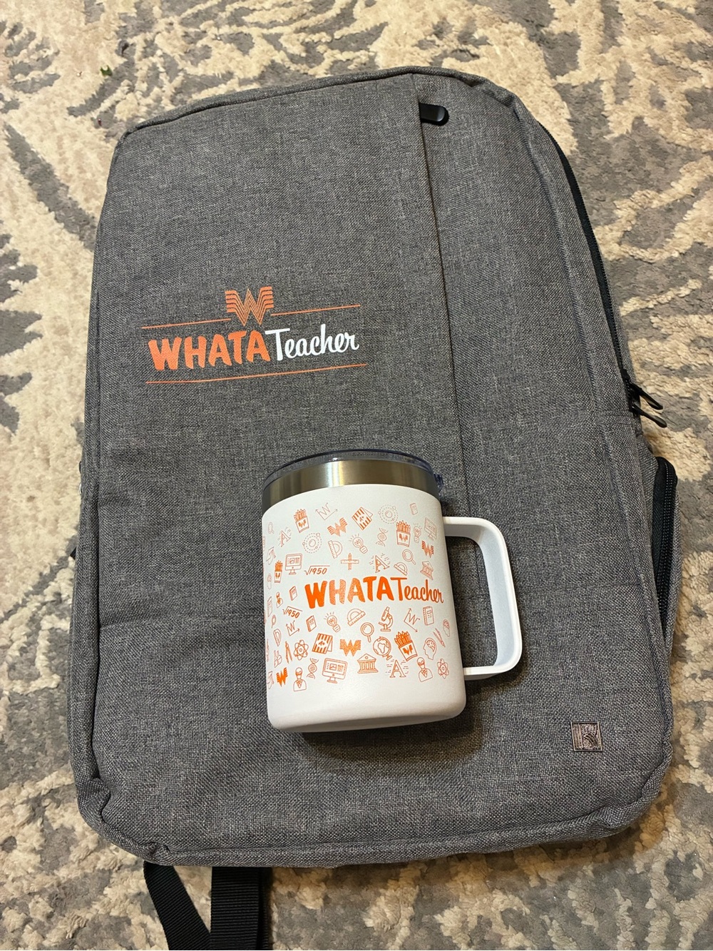 WHATATeacher Gray Backpack with Orange Logo
